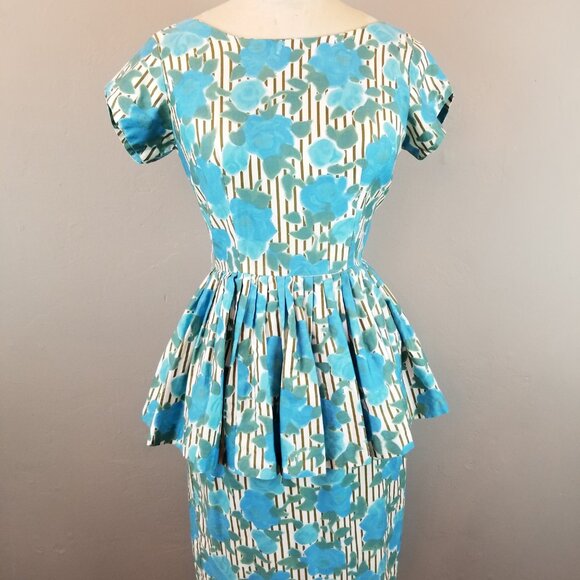 Vintage 1950's Blue Green Roses Striped Background Wiggle Dress with Peplum - Picture 12 of 12